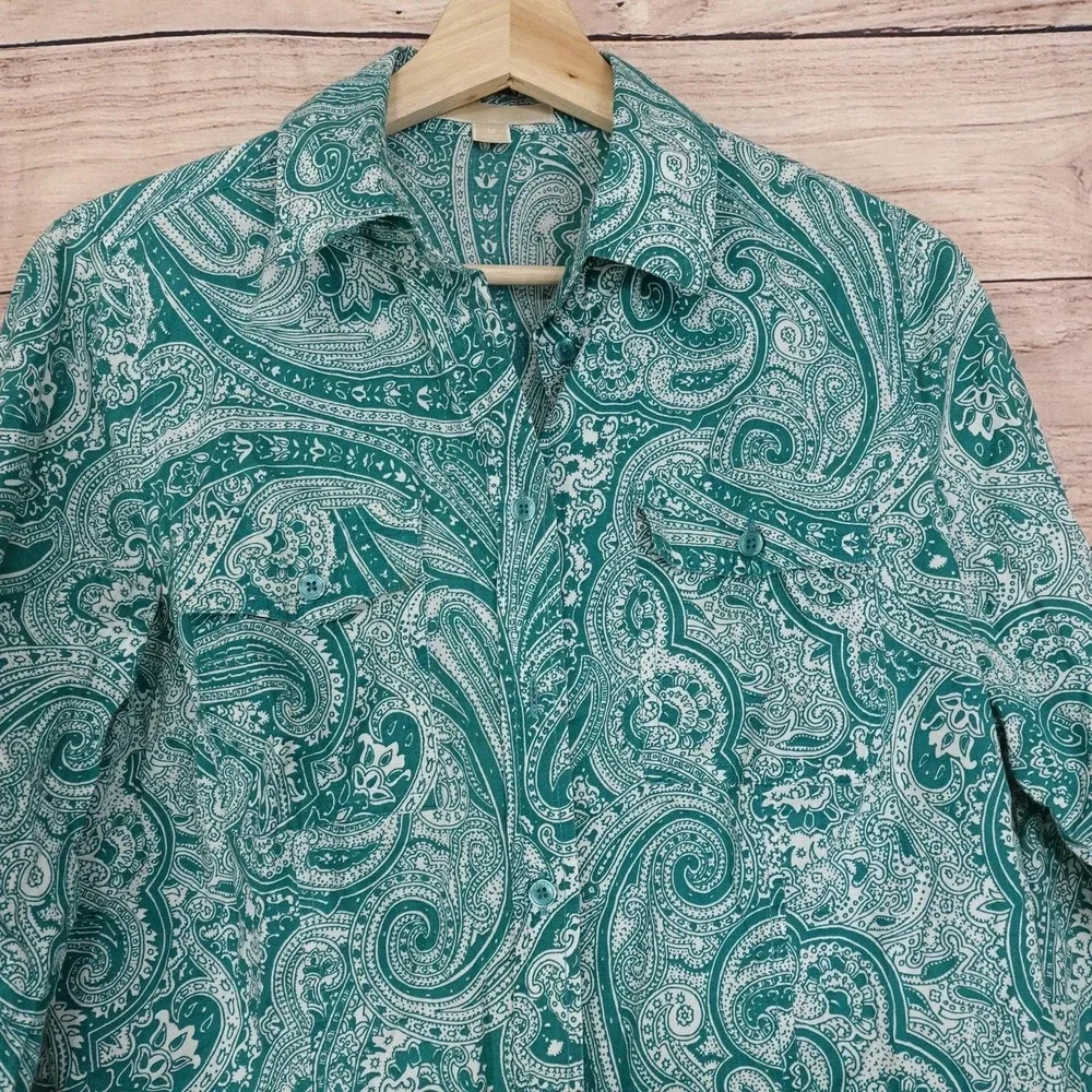 Michael Kors Button-Up Womens M Green Paisley Collared Long Sleeve Shirt
